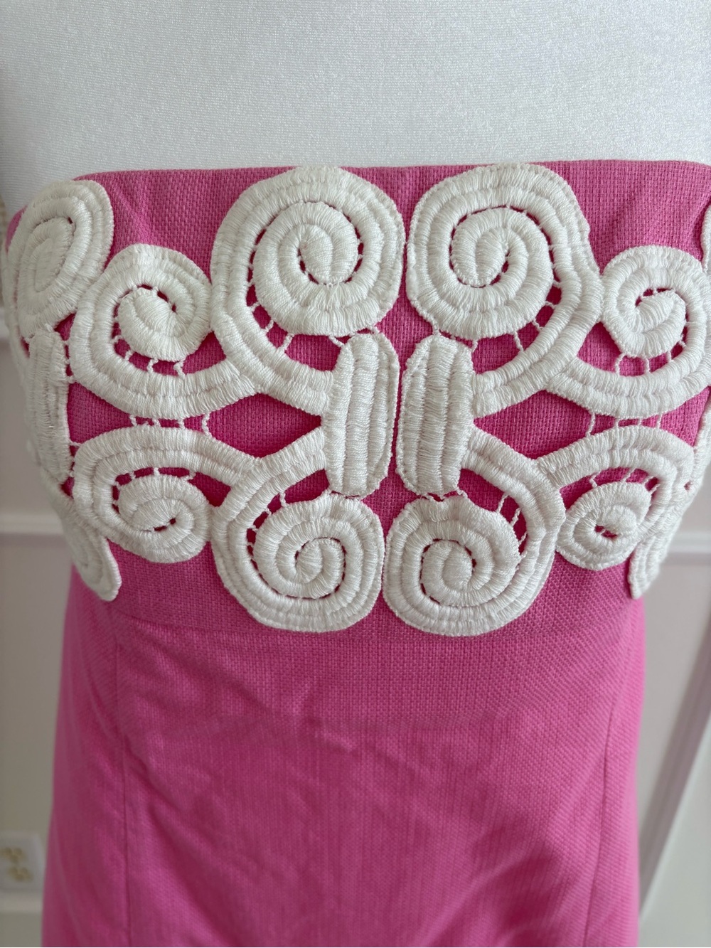 Lilly Pulitzer Strapless Pink Dress with white crochet lace trim - Picture 3 of 7
